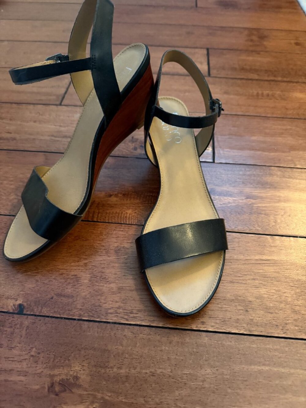 Franco Sarto Black Leather Ankle Strap Wedge Sandals